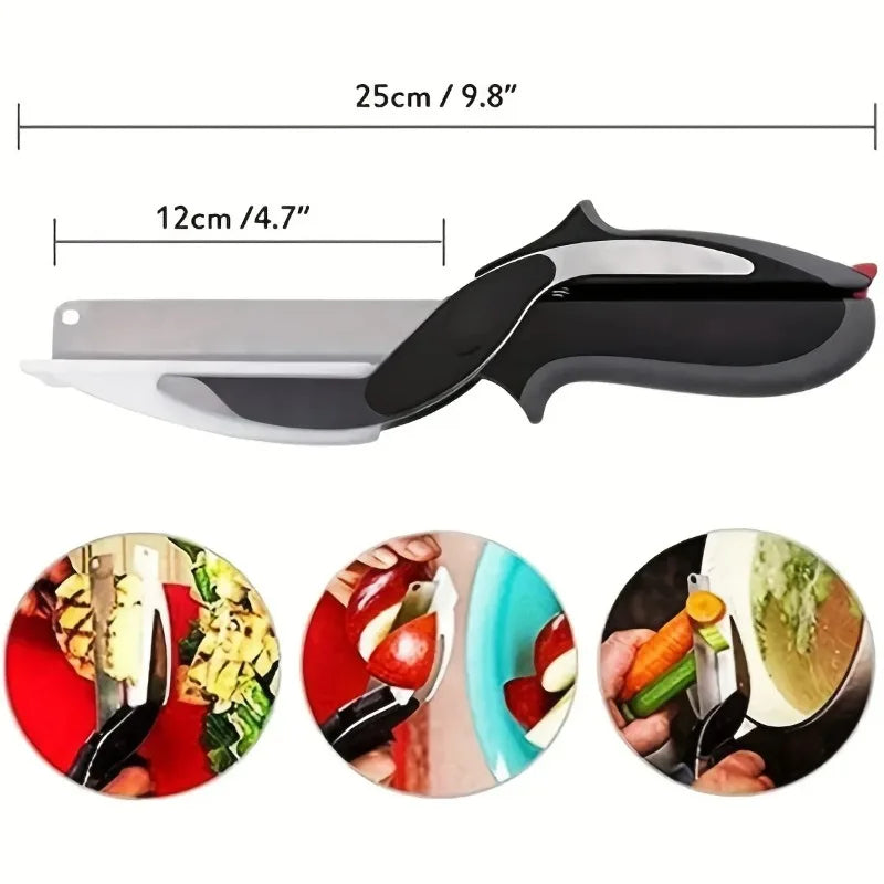 SAUQSTORE® 2 in 1 Salad Chopper Vegetable Cutter with Built-in Cutting Board Food Cutter Kitchen Scissors Cut Vegetables Cut Fruits