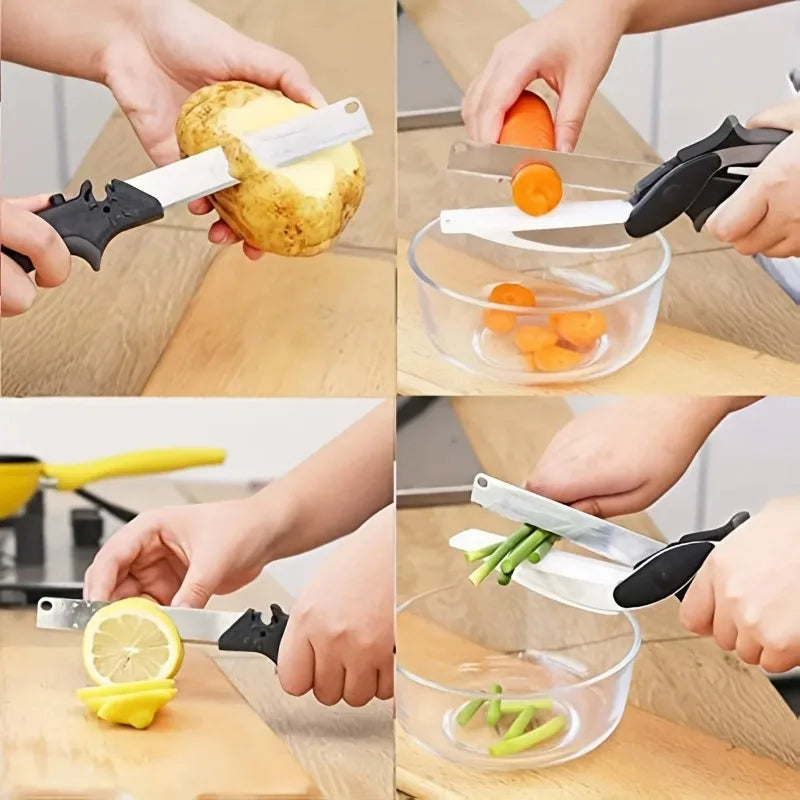 SAUQSTORE® 2 in 1 Salad Chopper Vegetable Cutter with Built-in Cutting Board Food Cutter Kitchen Scissors Cut Vegetables Cut Fruits