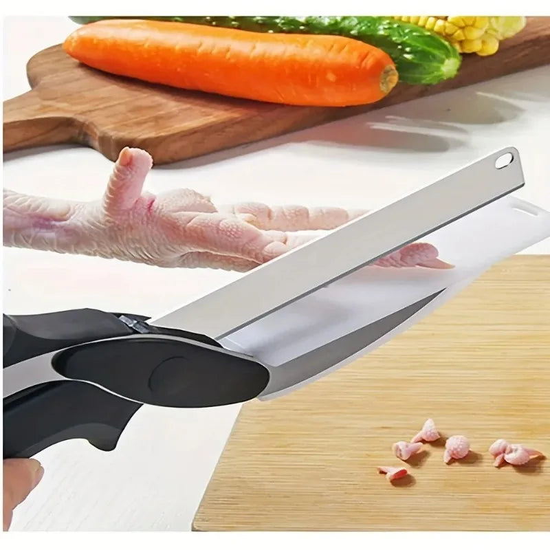 SAUQSTORE® 2 in 1 Salad Chopper Vegetable Cutter with Built-in Cutting Board Food Cutter Kitchen Scissors Cut Vegetables Cut Fruits