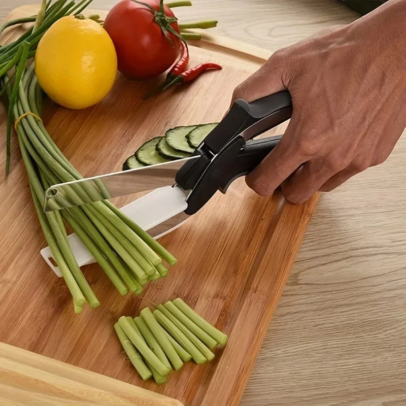 SAUQSTORE® 2 in 1 Salad Chopper Vegetable Cutter with Built-in Cutting Board Food Cutter Kitchen Scissors Cut Vegetables Cut Fruits